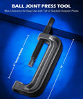 Ball Joint Press Kit With C Frame Press, showing 9-inch inner width and 12-inch height tool, ideal for joint and pin removals
