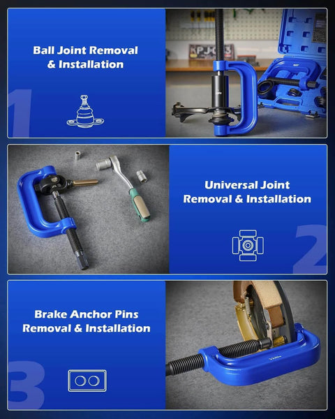 Ball Joint Press Kit, Heavy Duty Ball Joint Removal Tool Kit with 4x4 Adapters, showing installation and removal steps