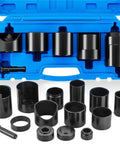 Master Ball Joint Remover And Installer Tool Set, 14 Piece Adapter Kit for 2WD and 4WD Cars in blue case.