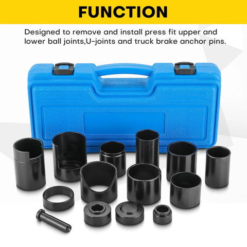 Master Ball Joint Remover And Installer Tool Set, 14 Piece Adapter Kit, blue case and black oxide steel components displayed