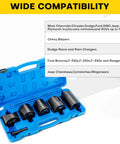 Master Ball Joint Remover And Installer Tool Set compatibility with Chevrolet, Dodge, Ford; 14-piece kit in blue case, open view