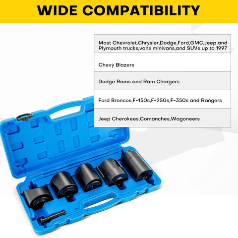 Master Ball Joint Remover And Installer Tool Set compatibility with Chevrolet, Dodge, Ford; 14-piece kit in blue case, open view