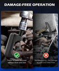 Close-up of 5-in-1 Ball Joint Separator, Pitman Arm Puller, Tie Rod End Tool Set for Front End Service in use, highlighting non-damaging operation