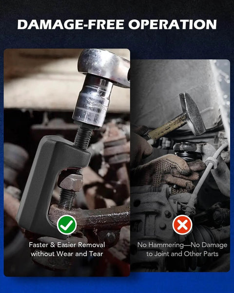 Close-up of 5-in-1 Ball Joint Separator, Pitman Arm Puller, Tie Rod End Tool Set for Front End Service in use, highlighting non-damaging operation