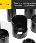 Deep and shallow receiving cups from Master Ball Joint Remover And Installer Tool Set, 14 Piece Adapter Kit, heavy duty steel with black oxide finish.