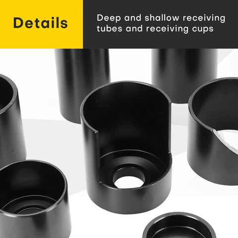 Deep and shallow receiving cups from Master Ball Joint Remover And Installer Tool Set, 14 Piece Adapter Kit, heavy duty steel with black oxide finish.