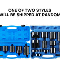 Master Ball Joint Remover And Installer Tool Set, 14 Piece Adapter Kit, shown in blue carrying case with various black attachments