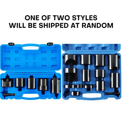 Master Ball Joint Remover And Installer Tool Set, 14 Piece Adapter Kit, shown in blue carrying case with various black attachments
