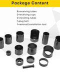 Package contents of Master Ball Joint Remover And Installer Tool Set with 8 receiving tubes and 2 cups in black oxide finish.