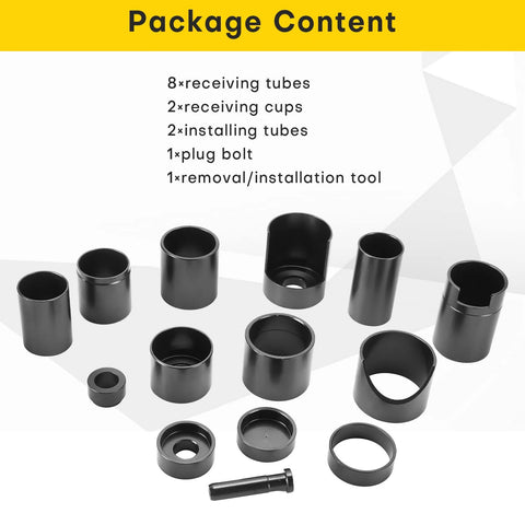 Package contents of Master Ball Joint Remover And Installer Tool Set with 8 receiving tubes and 2 cups in black oxide finish.