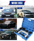 Heavy Duty Ball Joint Removal Tool And U Joint Press Kit With 4 Wheel Drive Adapters in blue case, suitable for 2WD and 4WD vehicles.