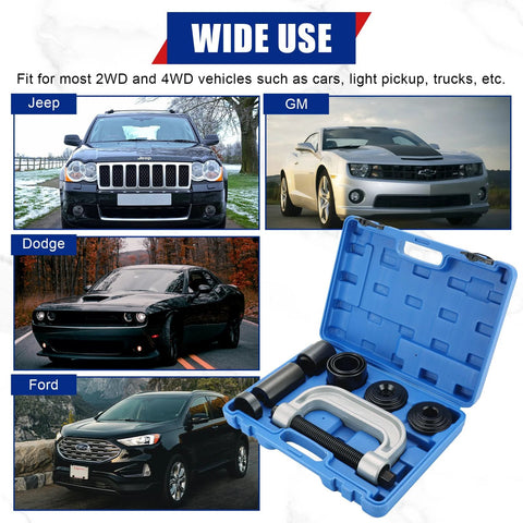 Heavy Duty Ball Joint Removal Tool And U Joint Press Kit With 4 Wheel Drive Adapters in blue case, suitable for 2WD and 4WD vehicles.