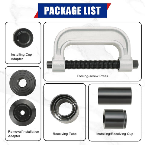 Heavy Duty Ball Joint Removal Tool And U Joint Press Kit package list with adapters and press for 2WD and 4WD vehicles