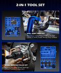 34pc Ball Joint & Wheel Bearing Press Kit with Front Wheel Drive Bearing Puller Tool Set displayed in blue case and in use on vehicle.