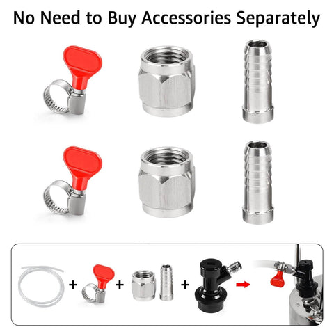 Two Pack Ball Lock Disconnects With Stainless One Quarter Inch Liquid Barb For Corny Kegs And Keg Posts MFL Swivel Nuts Plus Extra Hose Clamps.
