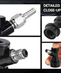 Close-up of Two Pack Ball Lock Disconnects With Stainless One Quarter Inch Liquid Barb For Corny Kegs And Keg Posts MFL Swivel Nuts