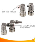 Ball Lock Disconnect For Corny Keg Fittings, Gas And Liquid, MFL Quarter Inch Threaded, Five Sixteenth Inch Stainless Barbed With Hose Clamp