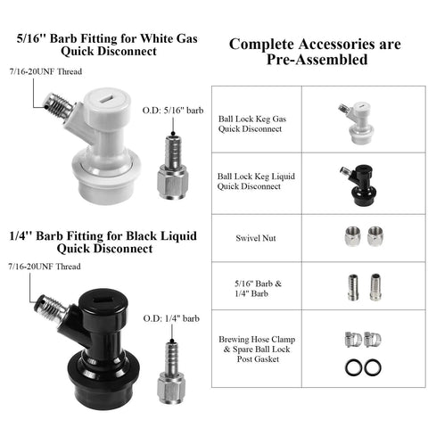 Corny Keg Ball Lock Quick Disconnect Set For Homebrewing Stainless Five Sixteenths Gas Barb Nut And Quarter Inch Beer Barb Nut Swivel Nuts Hose Clamp Keg Post Coupler Fittings For Cornelius Kegs Leak Free And Easy Connect, showing components and accessories pre-assembled.
