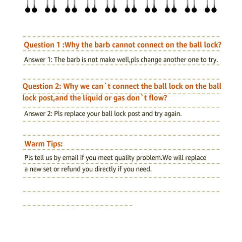 Product troubleshooting guide with FAQs and warm tips for Ball Lock Disconnect For Corny Keg Fittings, Gas And Liquid.