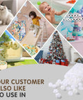 Collage showcasing Ball Pit Balls 100 PCS in various settings, including play area, bathtub, birthday decor, and Christmas scene; beige, white, clear.