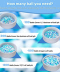 Diagram showing various ball pit fill levels using Ball Pit Balls for Toddlers, BPA Free Crush Proof Plastic Toy Balls, with 100 to 800 balls.