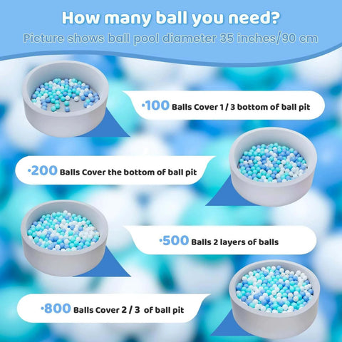 Diagram showing various ball pit fill levels using Ball Pit Balls for Toddlers, BPA Free Crush Proof Plastic Toy Balls, with 100 to 800 balls.
