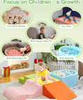 Collage of Macaron Ball Pit Balls for Toddlers in various settings with foam climbing blocks, party banner, and pet in ball pit.