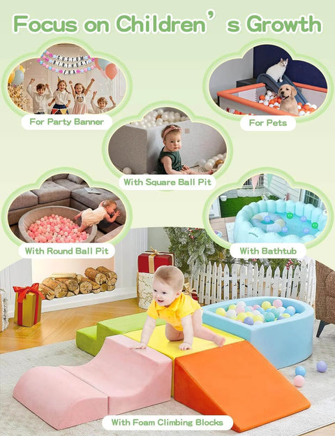 Collage of Macaron Ball Pit Balls for Toddlers in various settings with foam climbing blocks, party banner, and pet in ball pit.