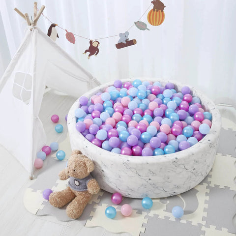 Ball Pit Balls - 100pcs - Crush Proof Plastic Children's Toy Balls Macaron Ocean Balls for Birthday Christmas Parties Games Pool in a round pit with a teddy bear