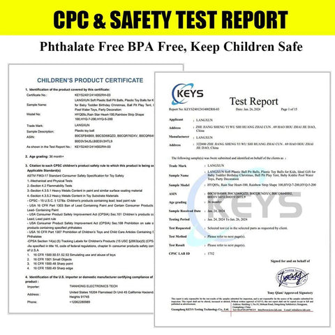CPC & safety test report for 50 Balls Soft Plastic Ball Pit Balls for Kids, highlighting phthalate free and BPA free details.
