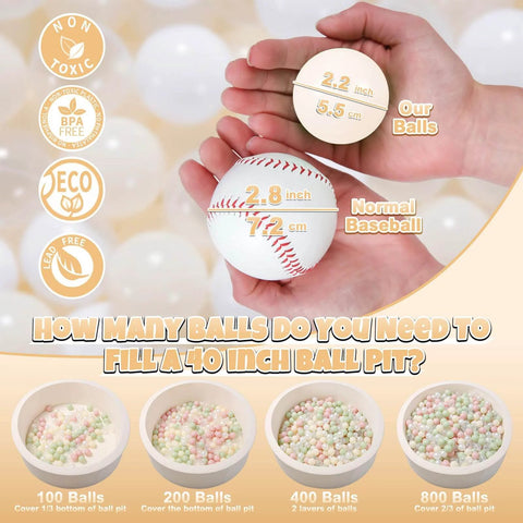 Hand holding Ball Pit Balls Plastic Playballs for Baby Toddlers Kids Boys Girls Playhouse Decor Play Pool Fun Phthalate-Free BPA-Free Bath Toy White Beige Transparent,100 Balls comparison with baseball.
