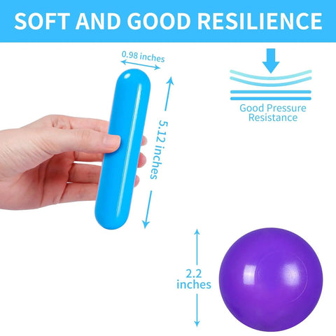 Soft and resilient ball pit ball and flexible tube, dimensions highlighted, showcasing Ball Pit Balls for Kids -Pack of 150 Colorful Ball Pit Balls Crush Proof Plastic Toy Balls for Toddlers Ball Pit, Ball Pit Play Tent, Baby Pool Water Toys.