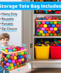 Child holding a storage bag with 200 Ball Pit Balls for Toddlers - 7 Bright Colors, ideal for tents, pools, and party use.