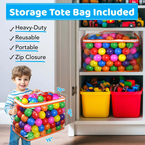 Child holding a storage bag with 200 Ball Pit Balls for Toddlers - 7 Bright Colors, ideal for tents, pools, and party use.