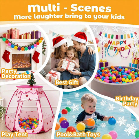 Ball Pit Balls for Toddlers: 50 Colorful Non-Toxic Balls – BPA-Free, Phthalate-Free, in various play scenes including tent and pool.