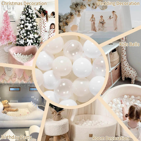 Ball Pit Balls Plastic Playballs for Baby Toddlers Kids Boys Girls Playhouse Decor Play Pool Fun Phthalate-Free BPA-Free Bath Toy White Beige Transparent,100 Balls used for various decorations including Christmas and weddings