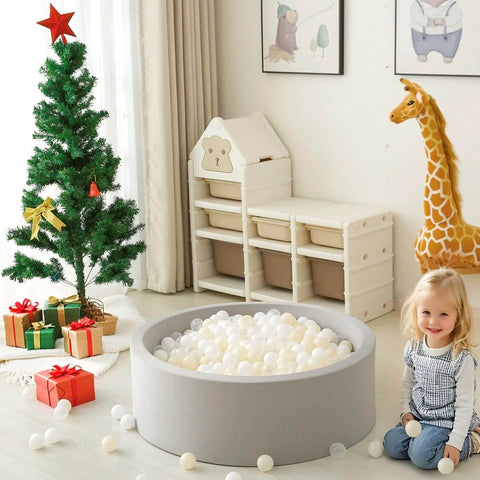 Child by a ball pit filled with Ball Pit Balls Plastic Playballs for Baby Toddlers Kids Boys Girls Playhouse Decor Play Pool Fun Phthalate-Free BPA-Free Bath Toy White Beige Transparent,100 Balls.