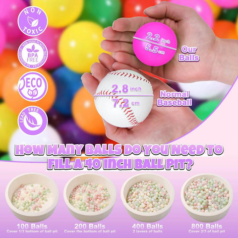 Colorful ball pit balls compared to a baseball, labeled as 2.2 inches, part of Ball Pit Balls for Toddles Kids Plastic Ballpits Accessories Crush Proof Durable Fun Shape Play Baby Bath Toys,2.15inch 100count Mix Color