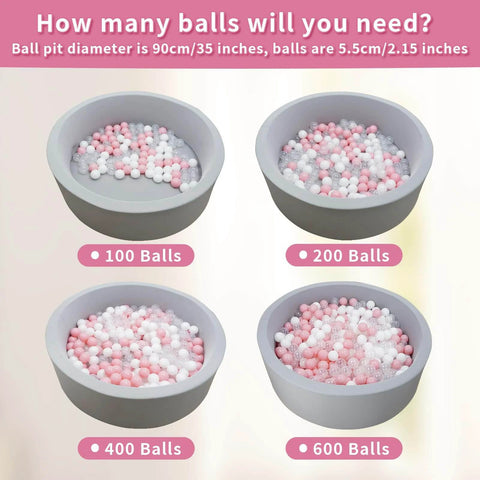 Different ball pit sizes with 100, 200, 400, and 600 Balls for Ball Pit Pack of 50 - BPA Free, Crush Proof Plastic Balls, 2.15 Inch.