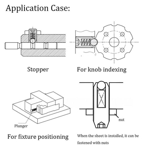Diagram showing application cases of 5x5mm Ball Plunger Set, 304 Stainless Steel Spring Loaded Ball Detent Plungers for precise positioning.