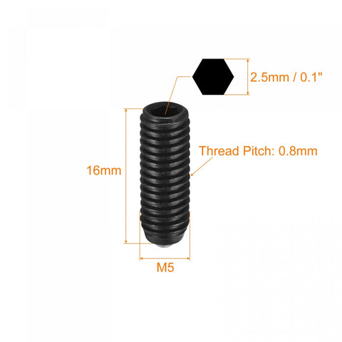 Ball Point Set Screws M5 x 16mm High Carbon Steel With Hex Socket Drive Spring Loaded Grub Screws Ball Plunger Stroke 1.1mm