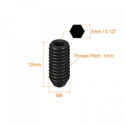 Ball Point Set Screws M6 X 12mm High Carbon Steel Hex Socket with dimensional markings, ideal for machinery use