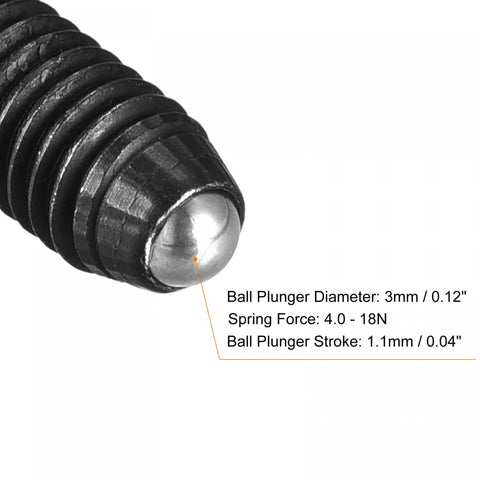 Close-up of Ball Point Set Screws M5 x 16mm High Carbon Steel With Hex Socket Drive Spring Loaded Grub Screws Ball Plunger Stroke 1.1mm