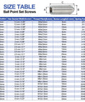 Ball Point Set Screws size chart, including M6x12mm 304 Stainless Steel Hex Socket Spring Ball Point Grub Screws dimensions and specifications.
