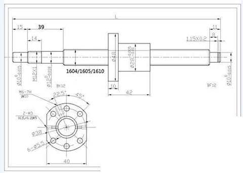 Technical drawing of Ball Screw CNC Parts SFU1605 RM1605 16mm 1050mm showing dimensions and specifications.
