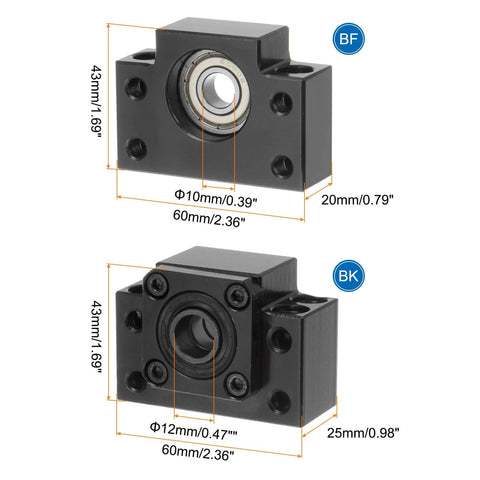 Ball Screw BK12/BF12 End Supports with Metal Ball Screw Nut for CNC Machine, sizes indicated, front view