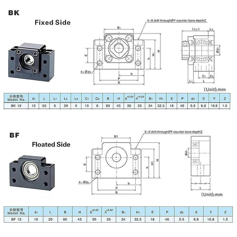 Diagram of Ball Screw End Supports 1Pcs BK12 + 1Pcs BF12 Standard Bearing End Blocks for SFU1604 SFU1605 SFU1610 16mm Motion BallScrew CNC Machine Parts
