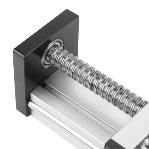 Close-up of automatic ball screw linear CNC slide table, 100mm stroke aluminum actuator stage for industrial automation.