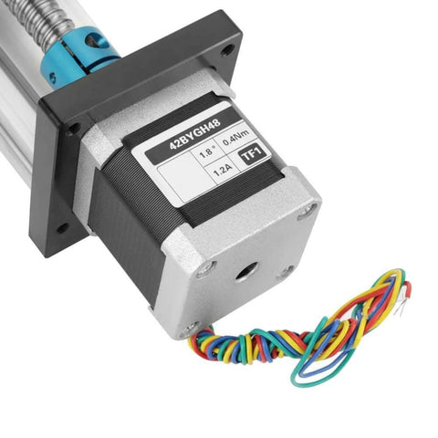 Close-up of an automatic ball screw linear CNC slide table with stepper motor, featuring 100mm stroke aluminum actuator stage.
