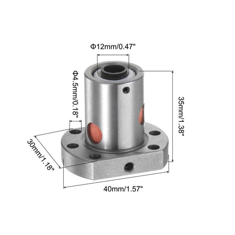 Close-up of Ball Screw Nut SFU1204 with measurements, CNC Machine Part for 1204 Housing, 12mm diameter, 4mm pitch, 1-pack replacement.